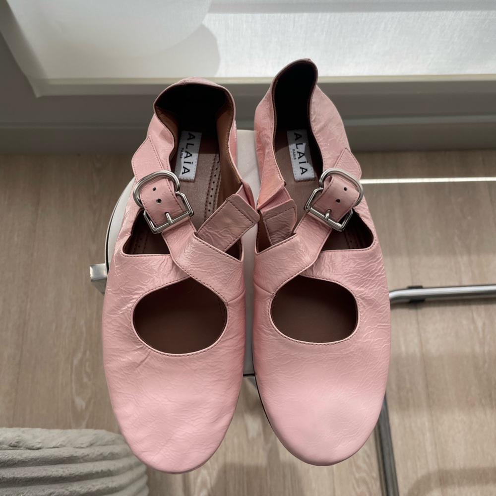 Alaia Patent Leather Cross Ballet Flats Pink Silver